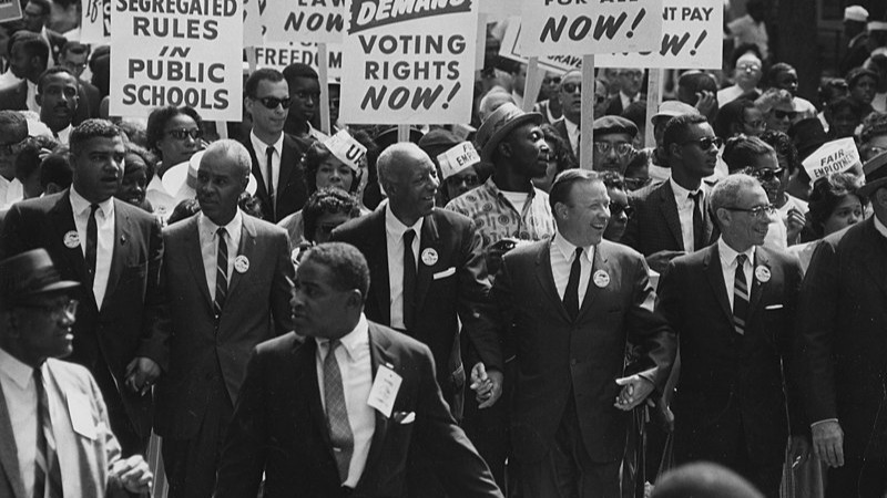 Civil rights movement - Civil Rights March on Washington,  ( Leaders marching from the Washington Monument to the Lincoln Memorial) NARA 542010, tags: black - CC BY-SA